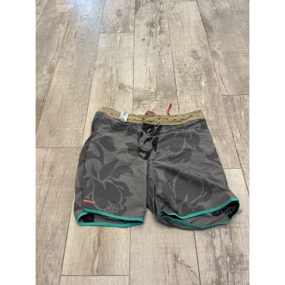 Patagonia Mens Board Shorts 34 Grey Black Floral Teal Trim Swim Trunks Nylon